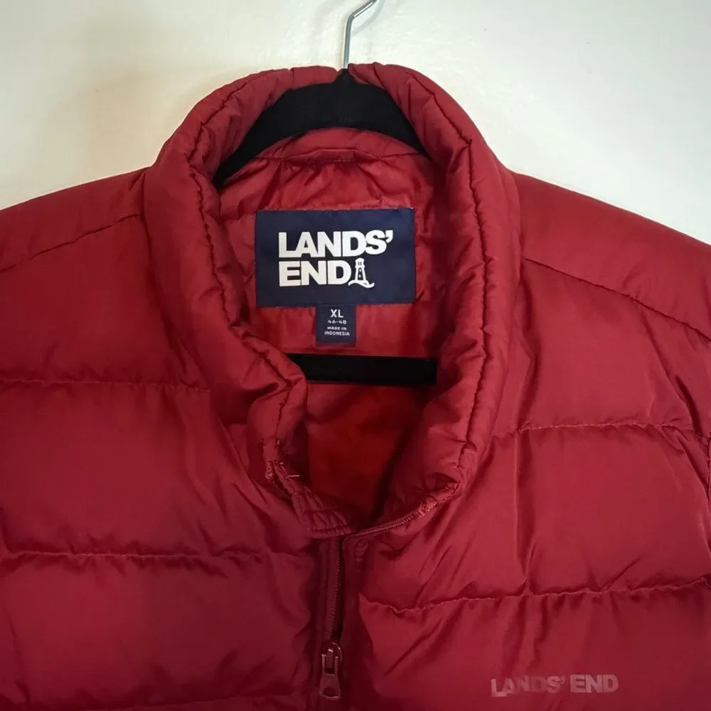 Lands' End Puffer Down Vest Mens XL 46 - 48 Burgundy Full Zip Outdoor Pockets